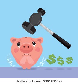 Hammer about to smash a piggy bank,illustration vector eps10 cartoon.  
