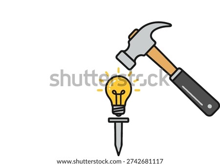 Hammer about to strike a glowing lightbulb on a nail, symbolizing a brilliant but risky idea. Creative concept vector illustration in yellow, gray, and black.