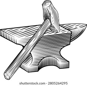 Hammer and anvil blacksmith workshop metalwork tools illustration in a vintage woodcut engraved etching style.