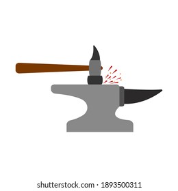 Hammer and anvil flying sparks on white background, vector illustration