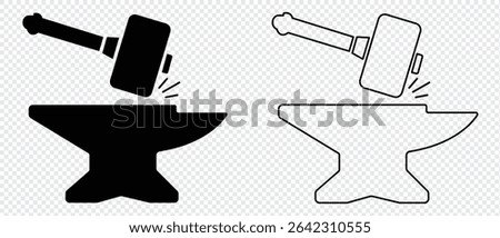 Hammer and anvil icon. Blacksmith's tool, forge attribute. Symbol of forging weapons or armor. Raster icon. Pictogram of work or hard labor. vector illustration. 