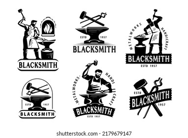 Hammer and anvil, Industrial logo set vector. Design template for badges, labels for blacksmith craft and workshop