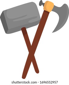 Martillo y hacha, ilustración, vector sobre fondo blanco
