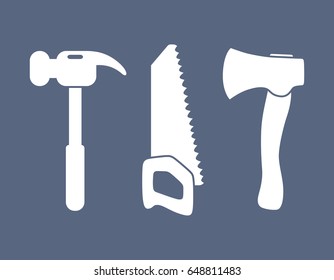 Hammer, axe and hand saw, carpentry woodwork tools icon.