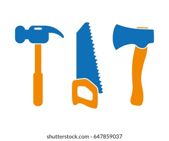 Hammer, axe and hand saw tools vector icons isolated.