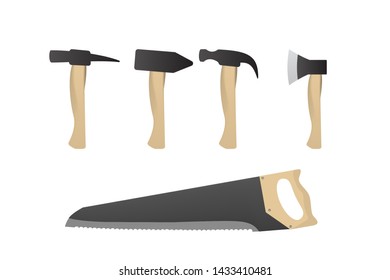 Hammer, axe and hand saw. Vector illustration. Work tools.