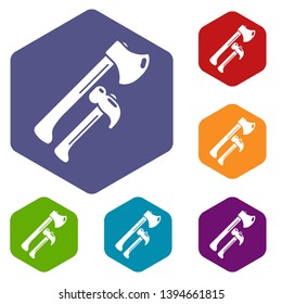 Hammer and axe icons vector colorful hexahedron set collection isolated on white