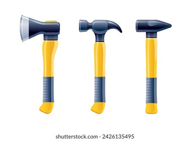 Hammer and axe vector. 3d tool isolated illustration. Metal hammers and axe building tools. Hit wood sledgehammer for renovate construction work. Cartoon plastic icons on white background