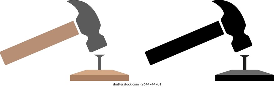 Hammer beat to nail icon set.  Working process. Repair tool. Carpenter hammer. construction industry