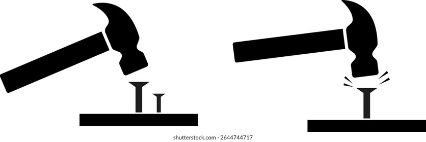 Hammer beat to nail icon set.  Working process. Repair tool. Carpenter hammer. construction industry
