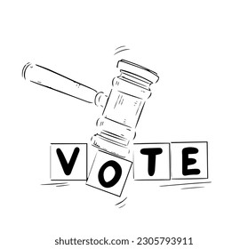 Hammer bitting one of the letter in the word Vote. Vector hand drawn sketched art isolated on white background.