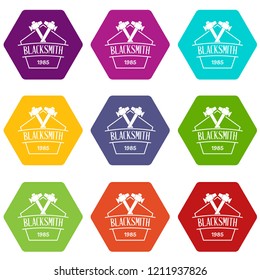 Hammer blacksmith icons 9 set coloful isolated on white for web
