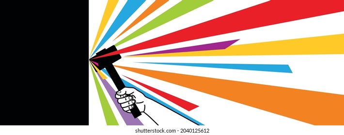 Hammer blow. Flying multi-colored sparks on a yellow background. Strong hit. Vector illustration of a sledgehammer in hand.