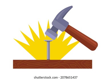 hammer blow on a nail. hammer a nail into a tree. flat vector illustration.