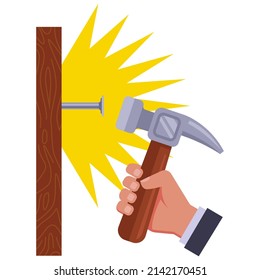 hammer blow on a nail. hammer a nail into a tree. flat vector illustration.