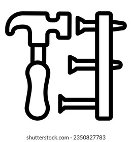 Hammer and board with nails line icon, labour day concept, Carpentry sign on white background, hammer hitting nail icon in outline style mobile concept web design. Vector graphics.