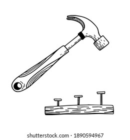 Hammer and board with nails. Vector black and white sketch isolated on a white background. 