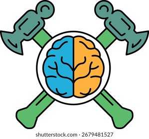 A hammer and a brain are crossed over each other. The hammer is green and the brain is blue and orange