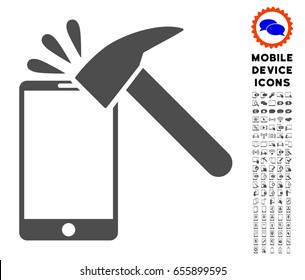 Hammer Break Smartphone icon with digital glyph pack. Vector illustration style is a flat iconic symbol, gray colors. Designed for web and software interfaces.