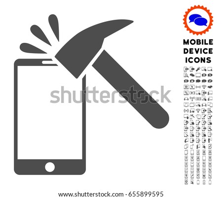 Hammer Break Smartphone icon with digital glyph pack. Vector illustration style is a flat iconic symbol, gray colors. Designed for web and software interfaces.