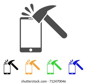 Hammer Break Smartphone icon. Vector illustration style is a flat iconic hammer break smartphone symbol with black, gray, green, blue, yellow color versions. Designed for web and software interfaces.