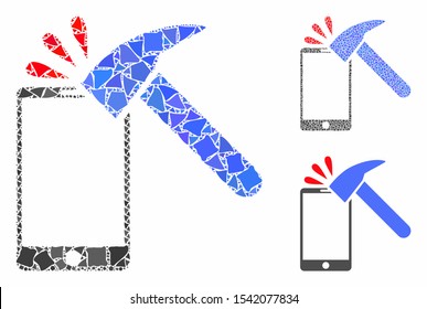 Hammer break smartphone mosaic of rugged parts in variable sizes and color tints, based on hammer break smartphone icon. Vector uneven parts are united into collage.