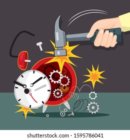 Hammer breaking alarm clock, illustration vector cartoon
