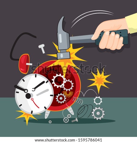 Hammer breaking alarm clock, illustration vector cartoon
