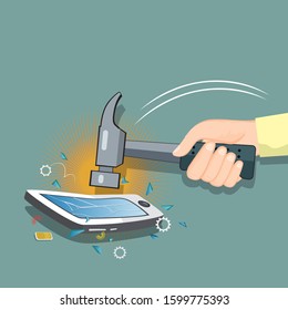 Hammer breaking the cell phone, illustration vector cartoon