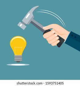 Hammer breaking electric bulb, illustration vector cartoon