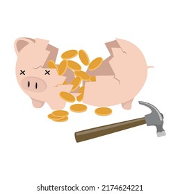 hammer with breaking piggy bank broken vector