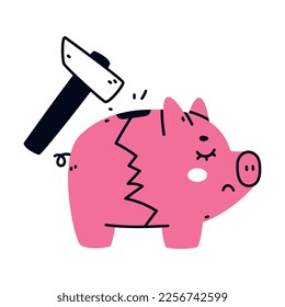 Hammer Breaking Pink Money Box or Piggy Bank as Container for Coin Storage Vector Illustration