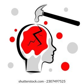 El martillo rompe la cabeza. Daño cerebral traumático. Dolor de cabeza. Ilustración vectorial en estilo doodle