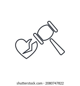 Un martillo rompe el corazón de un hombre. Icono lineal vectorial aislado en fondo blanco.