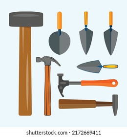 Hammer And Bricklayer Trowel Illustration And Clip Art Design Set, With White Background And Creative Concept. Free Download Premium Editable File.