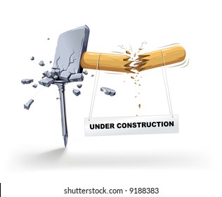 Hammer broken striking a nail. Under construction