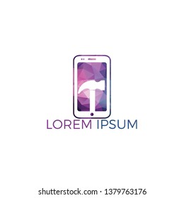 Hammer With Cell Phone Logo Design. Renovation or repairment vector logo design concept.