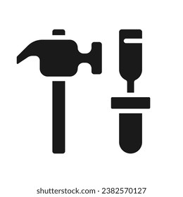 Hammer and chisel black glyph icon. Manual instruments for miners. Ore extraction. Coal mining. Heavy industry. Silhouette symbol on white space. Solid pictogram. Vector isolated illustration