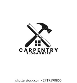 Combinación de talla de martillo y cincel con Plantilla de Vector de diseño de logotipo de la casa. Vector de diseño de logotipo de casa de carpintería