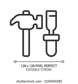 Hammer and chisel pixel perfect linear icon. Manual instruments for miners. Ore extraction. Coal mining. Heavy industry. Thin line illustration. Contour symbol. Vector outline drawing. Editable stroke