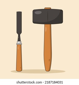 Hammer und Chisel Vektorsymbol mit Umriss für Design-Elemente, Clipart-Kunst, Web, Landing-Seite, Sticker, Banner. Flachbildkartonstil