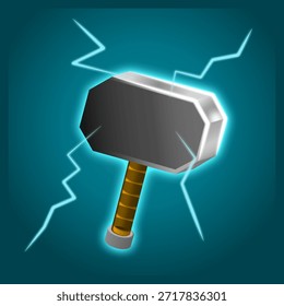 Hammer With Circuit Board Lightning. Thunder hammer vector illustration with blue gradient background. Thunder hammer icon, hammer vector