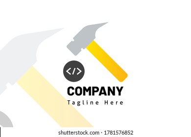 hammer with coding website logo template for icon construction, developer real estate, initial logo, brand system, marketing kit, and builder company