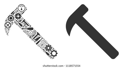 Hammer collage of service instruments. Vector hammer icon is composed of gears, screwdrivers and other mechanics objects. Concept for tuning service.