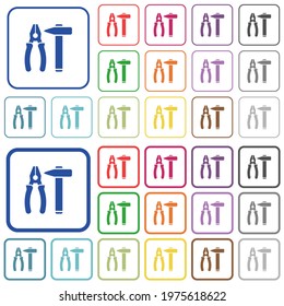 Hammer and combined pliers color flat icons in rounded square frames. Thin and thick versions included.