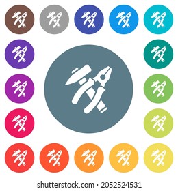 Hammer and combined pliers in crossed position flat white icons on round color backgrounds. 17 background color variations are included.
