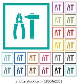 Hammer and combined pliers flat color icons with quadrant frames on white background
