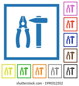 Hammer and combined pliers flat color icons in square frames on white background