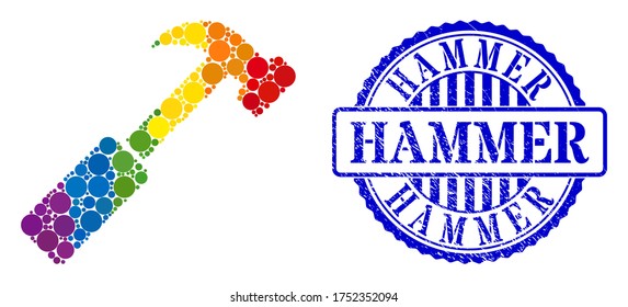 Hammer composition icon of round dots in various sizes and rainbow colored color tinges. Blue rounded distress watermark with Hammer phrase. A dotted LGBT- colored hammer for lesbians, gays,