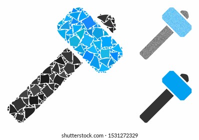 Hammer composition of irregular items in variable sizes and color hues, based on hammer icon. Vector irregular dots are composed into collage. Hammer icons collage with dotted pattern.